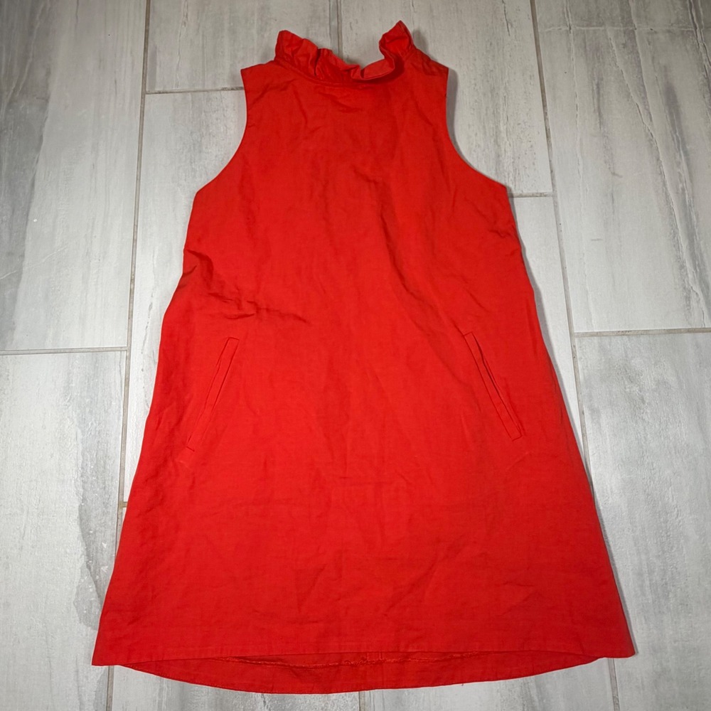 Tyler Boe Red Linen Cotton Ruffle Neck Back Bow Shift‎ Dress Womens Medium